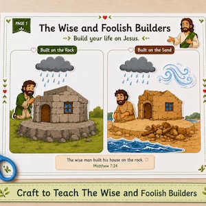 Op de afbeelding: Een knutselblad getiteld The Wise and Foolish Builders met illustraties van twee huizen, een op rots en een op zand, met regen en wind. Inclusief een schaar en een lijmstift. Tekst bevat Matthew 7:24 en Build your life on Jesus.