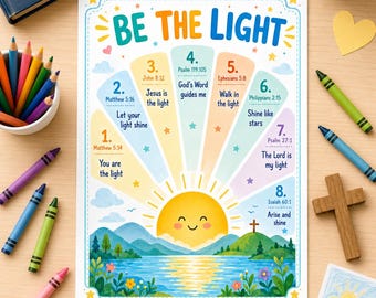 VBS Illumination Utskrivbara Bibelversstrålar | Matteus 5:14 Kristen målarbildaffisch | Söndagsskoleaktivitet | VBS Kids Pyssel | Färg + Svartvitt