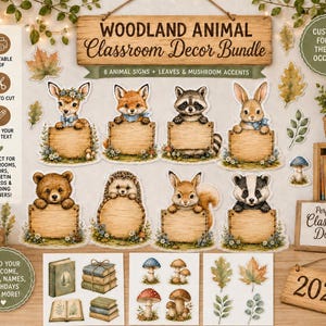 Può includere: Un set di decorazioni per aule scolastiche a tema animali del bosco con otto illustrazioni di animali, tra cui un cervo, una volpe, un procione, un coniglio, un orso, un riccio, uno scoiattolo e un tasso, con cartelli in legno e testo.