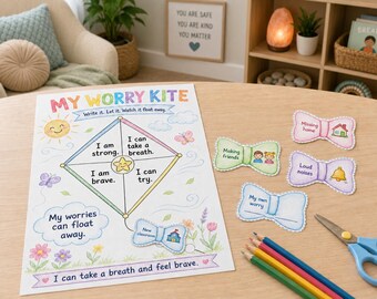 Fiche d'exercices sur l'anxiété lors de la première journée d'école pour les enfants, kite crafting pour chasser mes soucis, feuilles d'exercices CBT (téléchargement numérique)