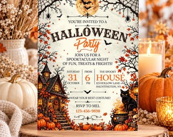 Bearbeitbare Halloween-Party-Einladung | Vintage-Grusel-Canva-Vorlage (5x7 Zoll) | Einladung zum Spukhaus mit schwarzer Katze | Halloween-Kostümparty-Karte