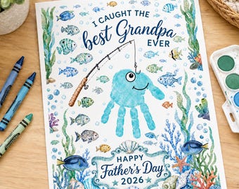 Huella de la mano del abuelo para imprimir en el Día del Padre, regalo para papá aficionado a la pesca en el océano, regalo para el abuelo, imprimible para el Día del Padre, descarga digital.