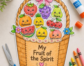 Fruto del Espíritu / Actividad de recortar y pegar para niños cristianos / Página para colorear de la escuela dominical / Manualidad bíblica imprimible