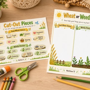 以下が含まれることがあります： Cut-Out PiecesとWheat or Weedsというタイトルの2枚の教育用アクティビティシート。小麦、雑草、太陽のイラストが描かれています。シートにはGood Wheat Choices、Weedy Choices、Matthew 13などのテキストが含まれ、スティックのり、ハサミ、色鉛筆が添えられています。