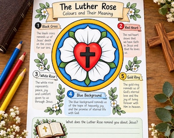 Lutherrose-Malen-nach-Zahlen-Set | Reformationstag-Druckvorlage, Aktivität für den lutherischen Sonntagsschulunterricht, christliche Mal- und Reflexionsblätter