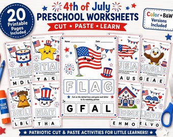 Klipp och klistra bokstavsmatchningsblad för 4 juli, aktivitet med patriotiska alfabetet, utskrivbara fonetik för förskola, målarbilder för USA