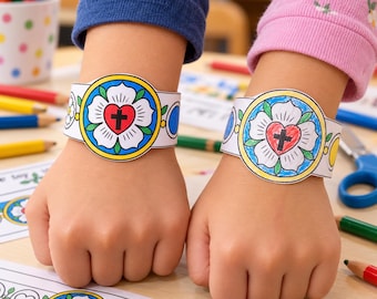 Lutherrosen-Armband-Bastelidee für Kinder | Reformationstag-Vorlage zum Ausdrucken | Aktivität für den evangelischen Sonntagsschulunterricht | Ausmalen und Tragen eines Papierarmbands