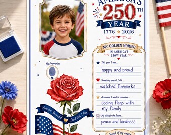 Handavtryckspyssel för Amerikas 250-årsdag | Amerikansk ros, gyllene ögonblick, minnessak | Utskrivbar aktivitet för 4 juli - Färdigfärgad