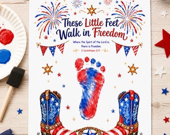 Fotavtryckspyssel inför 4 juli, utskrivbart, aktivitet för minnessaker med patriotiska cowboystövlar för barn, konst för småbarn, 2 Korintierbrevet 3:17