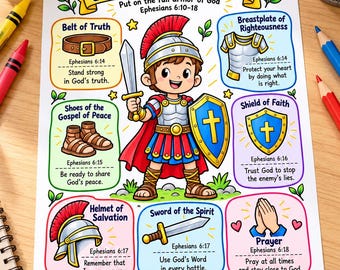 Materialpaket „Gottes Rüstung“ für Kinder | 4 christliche Arbeitsblätter | Epheser 6: Ausmalen, Ausschneiden, Aufkleben & Reflexionsübungen für den Sonntagsschulunterricht