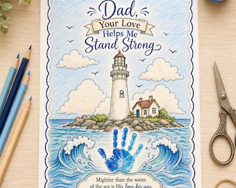 Impresión de huellas de manos para el Día del Padre, Regalo para papá con temática de faro, Regalo para papá, Imprimible para el Día del Padre, Descarga digital, Manualidad para el Día del Padre
