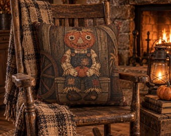 May include: A square throw pillow featuring a woven tapestry design of a scarecrow with a pumpkin head, wearing plaid overalls and sitting on a wooden bench. The scarecrow holds a small pumpkin and is surrounded by rustic farm elements.
