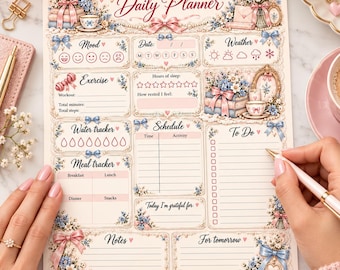 Coquette Tagesplaner-Set | 7 feminine Vintage-Planer zum Ausdrucken | Rosa Schleifen-Tagesplaner mit Blumenmuster | US-Letter-PDF