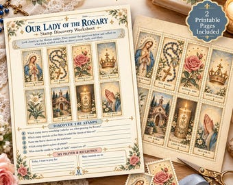 Materialienpaket „Unsere Liebe Frau vom Rosenkranz“ | Arbeitsblatt für katholische Kinder, Bastelvorlage mit Vintage-Stempeln, Marien-Gebet