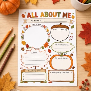 Puede incluir: Una hoja de actividades de papel blanco titulada ALL ABOUT ME con ilustraciones de temática otoñal que incluyen hojas, una bellota y una calabaza. La hoja presenta espacios en blanco para información personal como nombre, edad y color favorito.
