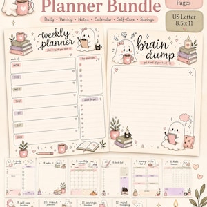 May include: A printable planner bundle featuring 12 pages in US Letter 8.5 x 11 inch size. The set includes weekly planners, brain dump sheets, daily planners, notes, calendars, self-care trackers, and savings trackers with ghost illustrations.