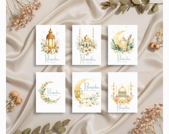 Juego de 6 tarjetas de Ramadán Mubarak - Descarga digital, regalos de Ramadán, tarjetas de felicitación imprimibles con decoraciones islámicas modernas para Ramadán (tamaño 5,5 x 4,3)