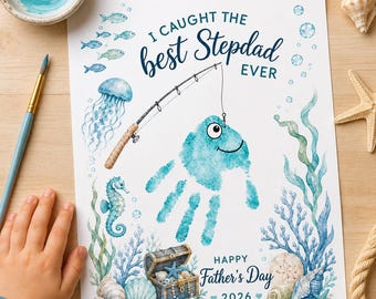 Huella de mano imprimible para el Día del Padre, regalo para padrastro aficionado a la pesca, regalo para papá, imprimible para el Día del Padre, descarga digital, manualidad para el Día del Padre