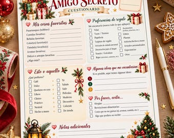 Cuestionario Amigo Secreto en Español | Fragebogen zum geheimen Weihnachtsmann zum Ausdrucken | Intercambio de Regalos Navidad