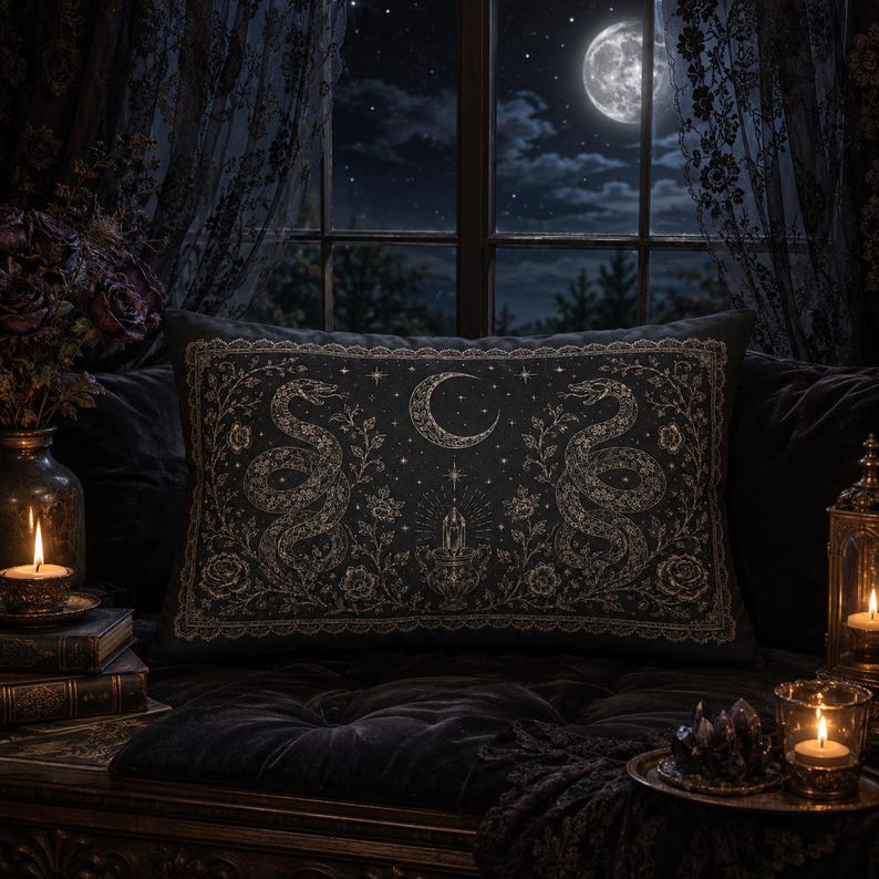 Serpent Moon Gothic Pillow, Witchy Snake Lumbar Cushion, Dark Academia Crystal Pillow, Celestial Victorian Decor, Gothic 20x14 black rectangle Pillow