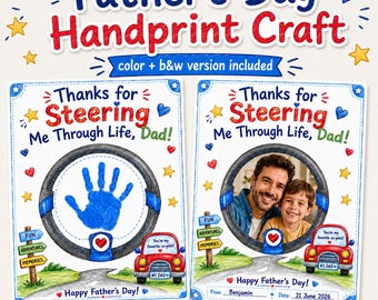 Recuerdo del Día del Padre con huella de mano / Manualidad imprimible para el coche de papá / Etiqueta para el espejo retrovisor / Letrero para el tablero / Tarjeta de notas para la visera / Manualidad con huella de mano