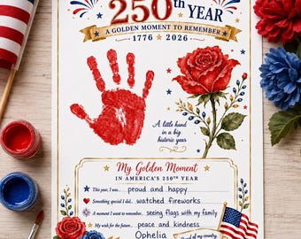 Handavtryckspyssel för Amerikas 250-årsdag | Amerikansk ros, gyllene ögonblick, minnessak | Utskrivbar aktivitet för 4 juli - Färdigfärgad