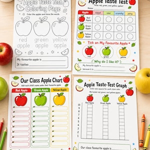 May include: Four educational activity sheets featuring apple-themed tasks. The pages include an Apple Taste Test Colouring Page, an Apple Taste Test chart, Our Class Apple Chart, and an Apple Taste-Test Graph, all with black text and colourful apple illustrations.