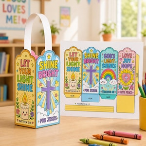 Puede incluir: Una manualidad de linterna de papel con el texto Let Your Light Shine y una cruz, junto a una hoja de plantilla impresa con cuatro paneles coloridos que representan una vela, una cruz, un arcoíris y un corazón, con cuatro ceras de colores.