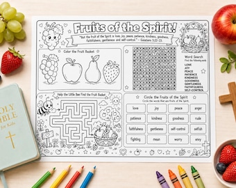 Paquete de actividades para manteles individuales sobre el Fruto del Espíritu / Material imprimible para niños cristianos / Hoja de actividades bíblicas / Actividad para la escuela dominical / Descarga digital