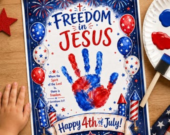 Frihet i Jesus handavtryckspyssel, kristen 4 juli utskrivbar, patriotiskt bibelpyssel, söndagsskoleaktivitet för barn, 2 Korintierbrevet 3:17