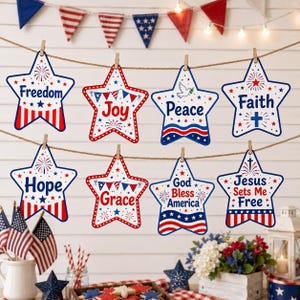 Création d'étoiles chrétiennes du 4 juillet, guirlande biblique patriotique, éventail de pagaie, carte de voeux, imprimable école du dimanche, activité God Bless America pour enfants