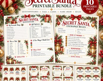 Wichtelgeschenk-Set zum Ausdrucken, Weihnachtsgeschenktausch-Set, Fragebogen, Wunschliste, Geschenkanhänger, Enthüllungskarten, Namensziehung, 10 Seiten