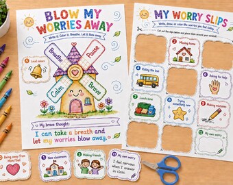 First Day of School Anxiety Worksheet for Kids, Blow My Worries Away Windmill Craft (Digital Download)