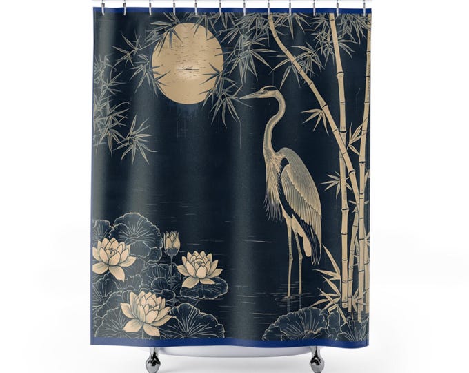 Featured listing image: Elegant Classic Oriental Crane Shower Curtain, Stylish Bathroom Decor, Zen Home Accessory, Nature-Inspired Gift, Boho Shower Home Textile