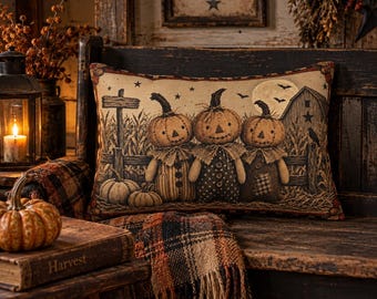 May include: A rectangular throw pillow featuring a printed illustration of three pumpkin-headed figures standing in a cornfield. The scene includes a wooden fence, a barn, a full moon, and bats against a dark sky. The pillow has a decorative border.