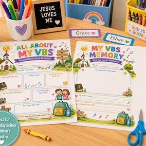 Könnte beinhalten: Zwei weiße Papier-Arbeitsblätter mit den Titeln All About My VBS und My VBS Memory, die bunte Illustrationen einer Kirche, eines Rucksacks und Musiknoten zeigen. Die Blätter enthalten leere Zeilen und Felder zum Schreiben und Zeichnen.