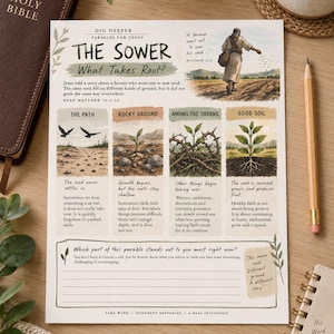 Może przedstawiać: Wydrukowany arkusz edukacyjny zatytułowany The Sower: What Takes Root? z akwarelowymi ilustracjami rolnika siejącego ziarno oraz czterema rodzajami gleby: ścieżka, skaliste podłoże, wśród cierni i dobra gleba, z miejscem do pisania.