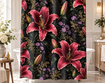 Gotischer Duschvorhang mit rosa Lilien – Dunkles, florales Badezimmerdekor, stimmungsvolles viktorianisches Blumenmuster, romantischer gotischer Badevorhang