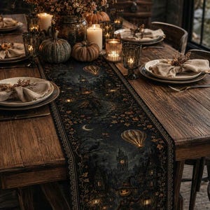 May include: A rustic wooden dining table set for a festive occasion. The table is adorned with a dark, patterned runner featuring a Halloween scene, pumpkins, candles, and decorative place settings. The overall aesthetic is warm and inviting.