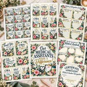 Pode incluir: Uma coleção de folhas impressas com designs de agradecimento para assistentes médicos, incluindo etiquetas de presente, cartões de reconhecimento para preencher e um certificado, decorados com bordas florais, estetoscópios e ícones médicos.