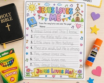 Hoja de trabajo de la Escuela Bíblica de Vacaciones "Jesús me ama" / Actividad con letras de canciones cristianas para niños / Página para colorear de la Escuela Dominical / Material imprimible bíblico para preescolar