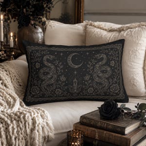 Serpent Moon Gothic Pillow, Witchy Snake Lumbar Cushion, Dark Academia Crystal Pillow, Celestial Victorian Decor, Gothic 20x14 black rectangle Pillow