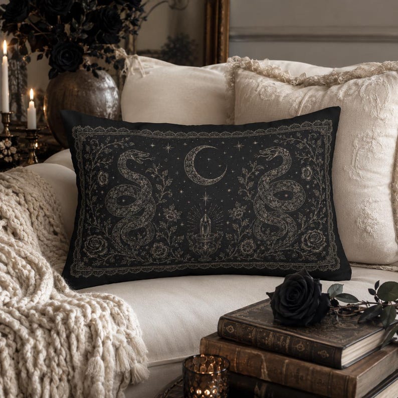 Serpent Moon Gothic Pillow, Witchy Snake Lumbar Cushion, Dark Academia Crystal Pillow, Celestial Victorian Decor, Gothic 20x14 black rectangle Pillow