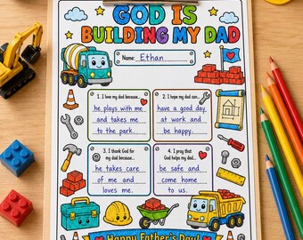 Dios está construyendo a mi papá. Imprimible para el Día del Padre, hoja de actividades cristianas para niños, regalo bíblico para el Día del Padre, Día del Padre para la escuela dominical.