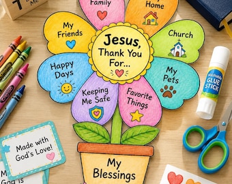 Manualidad de flor de gratitud a Jesús / Actividad cristiana para recortar y pegar para niños / Página para colorear de la escuela dominical / Manualidad bíblica imprimible