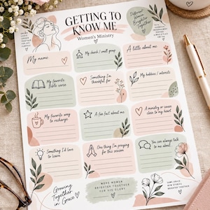 May include: A Getting to Know Me Women's Ministry activity sheet printed on white paper with pastel green and pink abstract shapes, floral illustrations, and prompts for personal reflection, including lines for writing and various icons.