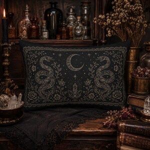 Serpent Moon Gothic Pillow, Witchy Snake Lumbar Cushion, Dark Academia Crystal Pillow, Celestial Victorian Decor, Gothic 20x14 black rectangle Pillow
