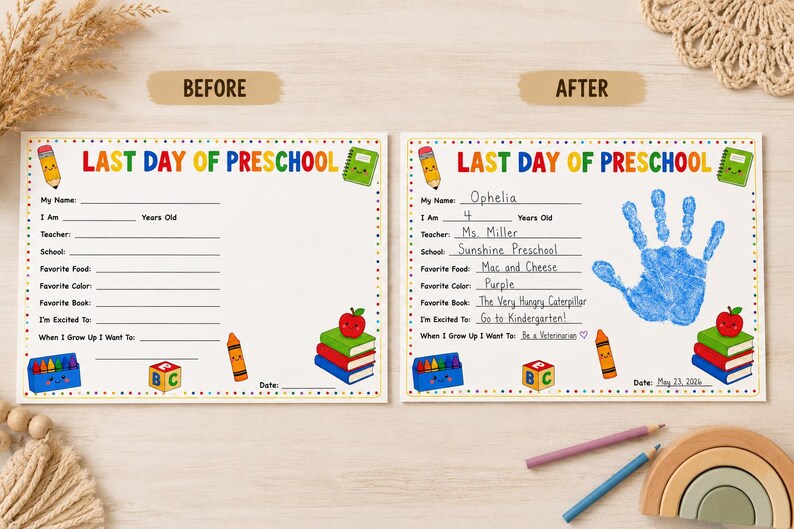 Last Day of Preschool Handprint, Last Day of School Questionnaire, Pre ...
