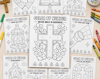 Actividad para colorear de la Escuela Bíblica de Vacaciones / Hojas de trabajo para colorear por números / Páginas para colorear "Que haya luz" / Material imprimible para la Escuela Dominical Cristiana