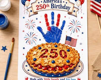 Manualidad con huellas de manos para el 250 aniversario de Estados Unidos / Recuerdo patriótico de tarta de manzana / Recuerdo imprimible para el 4 de julio - Listo para colorear